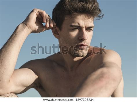 sexy closeup portrait topless male model stock photo