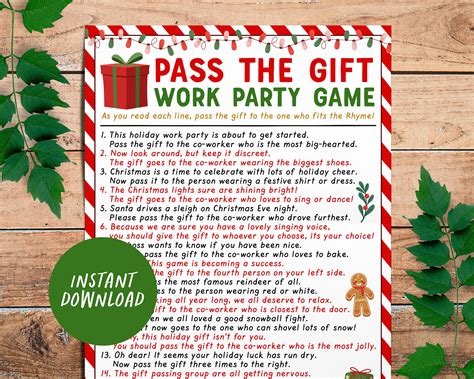 Pass the Gift Work Party Game Printable, Christmas Holiday Pass the