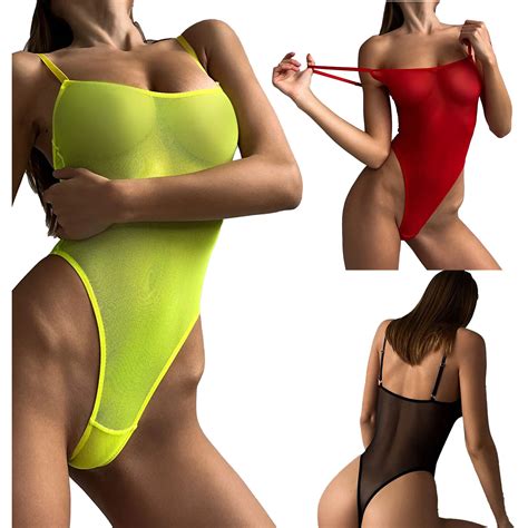 Womens One-Piece See-Through Mesh Bodysuit Monokini Sexy Sheer Swimsuit