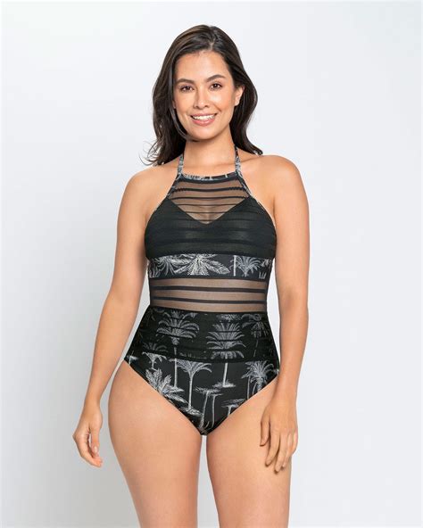 One-Piece Sheer Stripe High-Neck Slimming Swimsuit | Leonisa