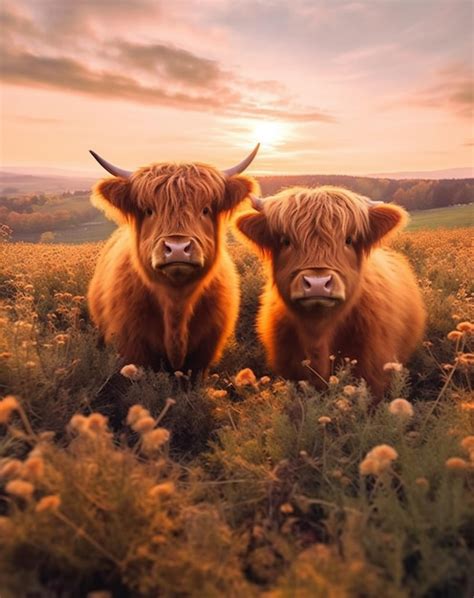 Two highland cows in a field with a sunset in the background | Premium