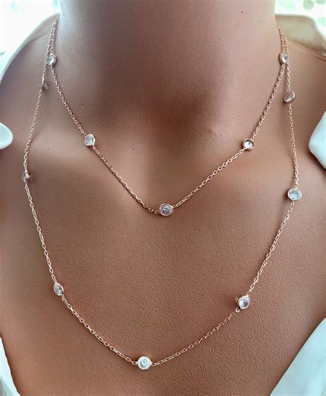 sterling silver diamond station necklace  silver mm bezel etsy