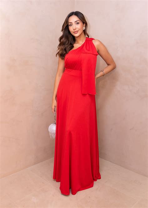 Vestido De Laço No Ombro - Vestido Longo de Festa Madrinhas Fluity Laço no Ombro Glory Vermelho ...