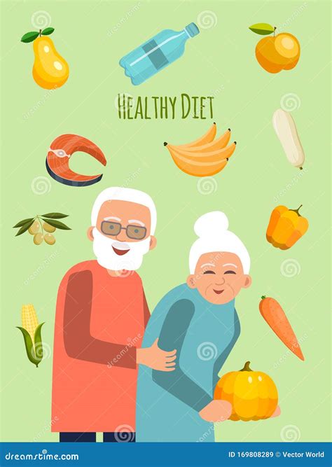 Elderly Couple with Vegetables Vector Illustration. Healthy Diet for