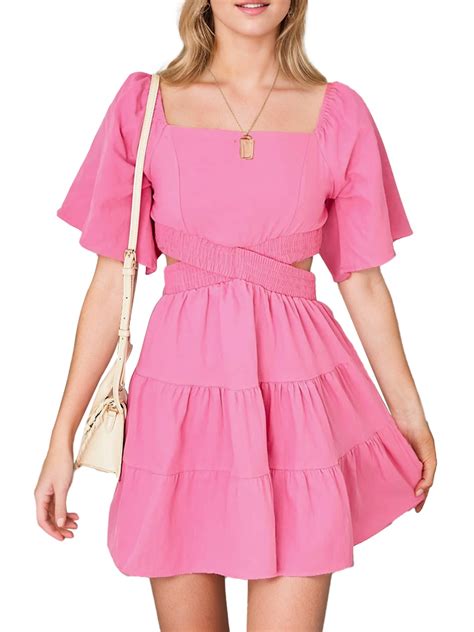easther womens summer dress square neck short sleeves crossover waist
