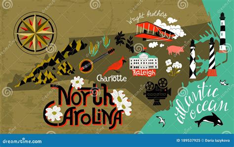 Illustrated Map of North Carolina, USA. Stock Vector - Illustration of ...