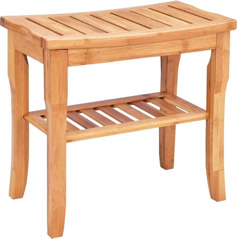 RELAX4LIFE Bathroom Stool, Bamboo Shower Bench Seat with Storage Shelf