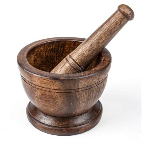 traditional wooden mortar  pestle isolated  white background stock