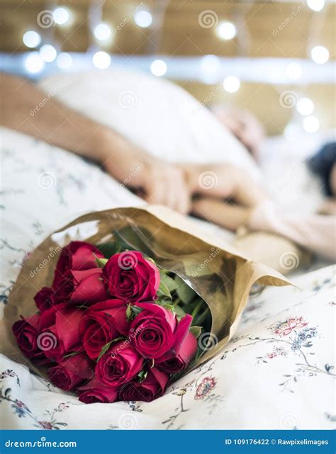 Husband Surprised Wife with Red Rose Bouquet Stock Photo - Image of