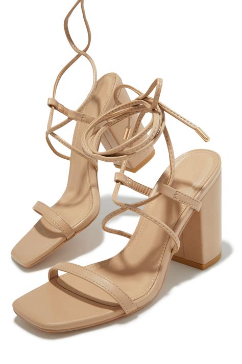 Miss Lola | Aria Nude Lace Up Block Heels – MISS LOLA