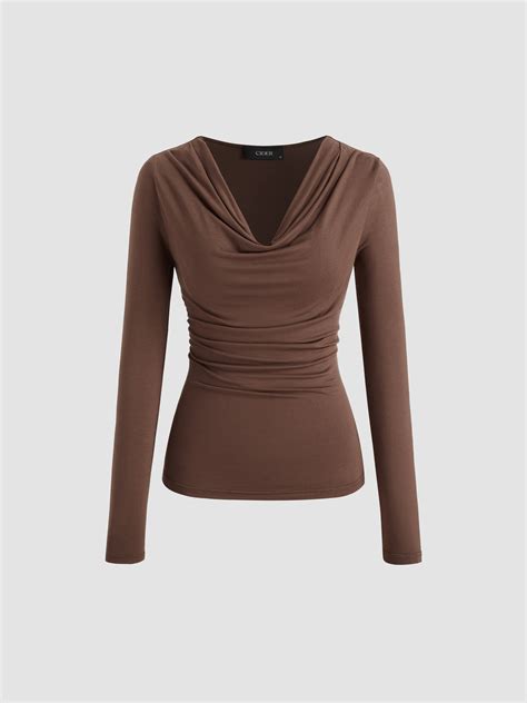 Jersey Cowl Neck Solid Ruched Long Sleeve Tee For Daily Casual