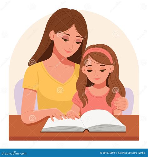 A Mom Teaches Her Daughter To Read a Book. Stock Vector - Illustration