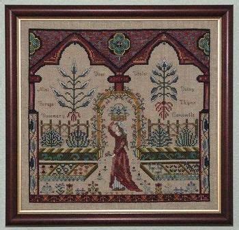 a cross stitch pattern with an image of a woman in a red dress and trees