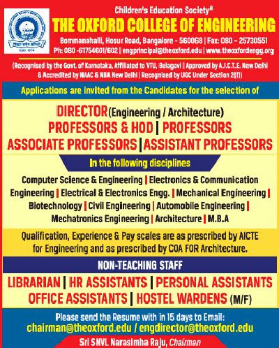 Oxford College of Engineering Bangalore Biotech Faculty Jobs 2019