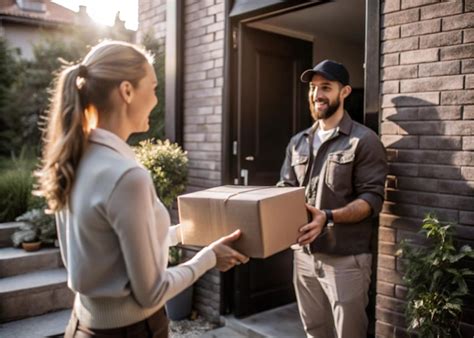 Delivery man handing parcel to a happy customer at doorstep | Premium