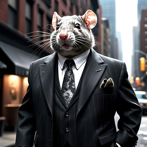 Grey rat dressed as a New York mafia mobster, tailor...