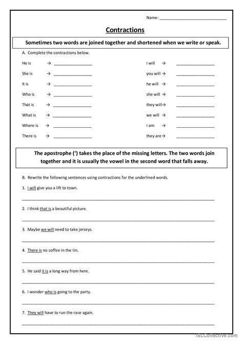 List Of Contractions Worksheet