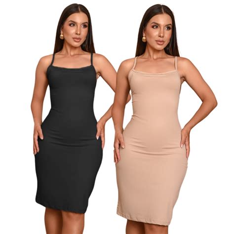 Vestido Com Segunda Pele - Kit 2 Vestido Midi Segunda Pele Anagua Tubinho Combinação Preto e Bege ...