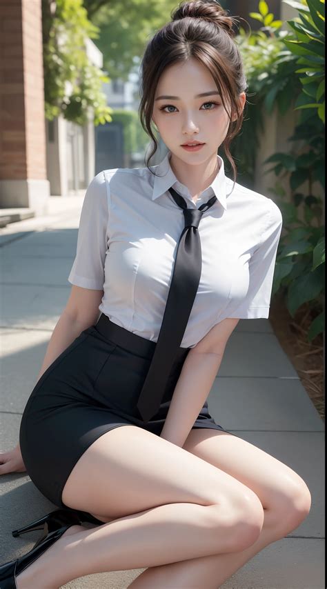 araffe asian woman   short skirt  tie sitting   sidewalk