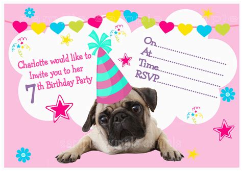 Pug Birthday Invitations Personalised Pug Birthday Party Invitations or Thank You | BirthdayBuzz