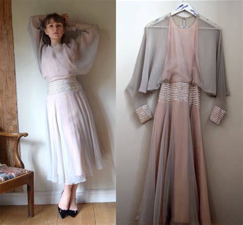 70s Jean Varon Irridescent Sequin Dress. 24" Waist. Bat Wings, Sheer