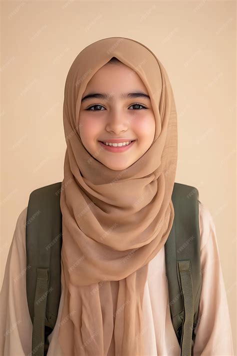 Portrait Of Smiling Arab Hijab Schoolgirl With Backpack | Premium AI