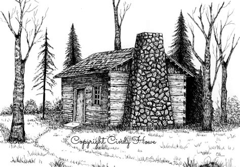 Log Cabin Print, Country, Cabin, Landscape, Cabins, Pen and Ink, Stone ...