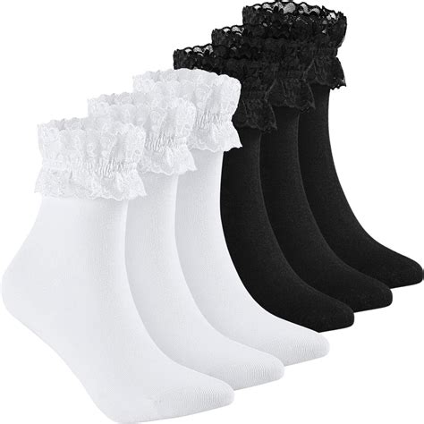 SATINIOR 6 Pairs Ruffle Lace Ankle Socks Frilly Socks Women Princess