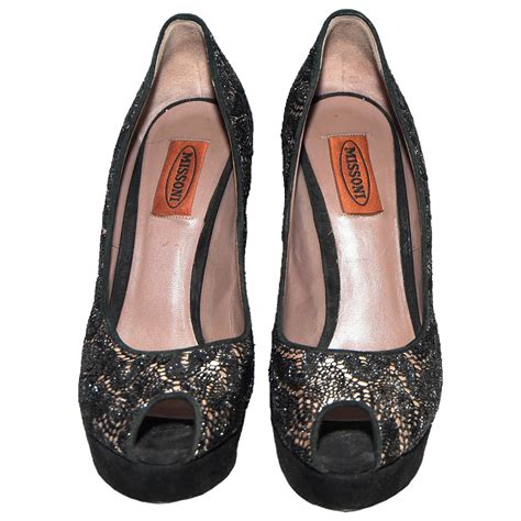 Missoni Nude Satin and Black Metallic Lace Peep Toe Heels For Sale at