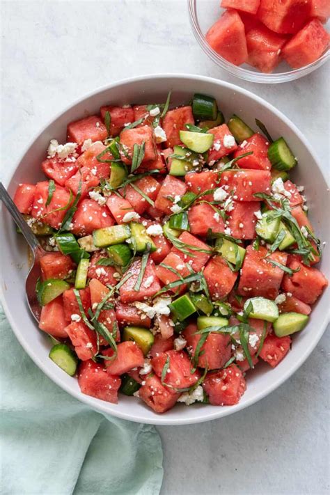 watermelon cucumber salad balsamic basil feta feel good foodie