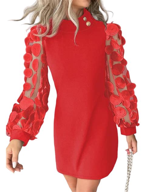Gvmfive Women's Elegant Sheer Long Sleeve Cocktail Party Ball Gown Mini