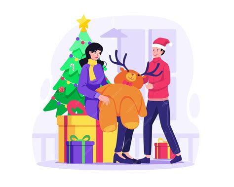 Premium Vector | A mother gives a stuffed reindeer as a gift to her son