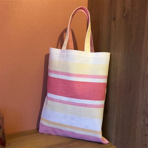 Cotton canvas tote bag, Laura Ashley grapefruit stripe fabric. | Tote