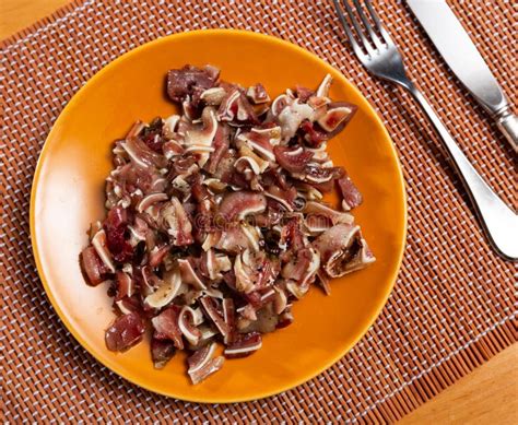 sliced pig ears served  platter stock photo image  korea