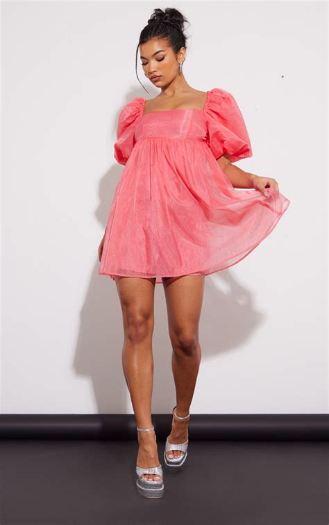pink puff sleeve organza shift dress prettylittlething