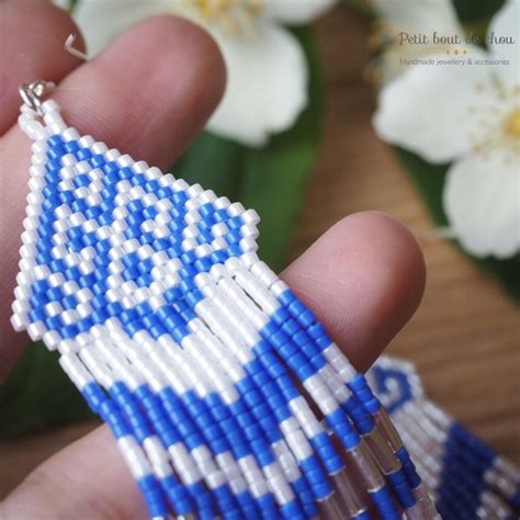 Miyuki delica beaded earrings dangle blue white with fringes - Petit ...