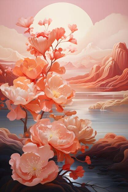 Premium AI Image | a painting of pink flowers in front of a sunset ...