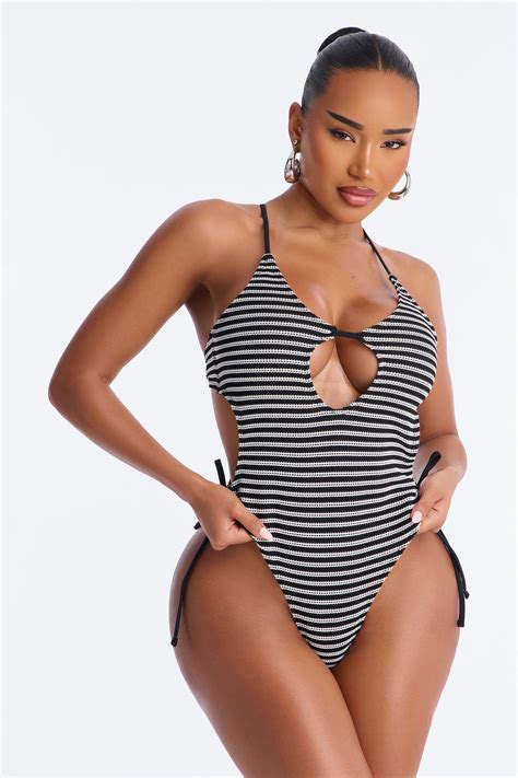 Adelina Striped 1 Piece Cut Out Swimsuit - Black/White | Fashion Nova