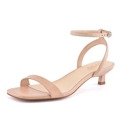 Dumjey Women Kitten Heel Nude Sandals Ankle Strap Heeled Sandals Square