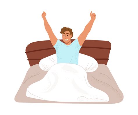 Happy young man waking up in the morning and stretching his arms up