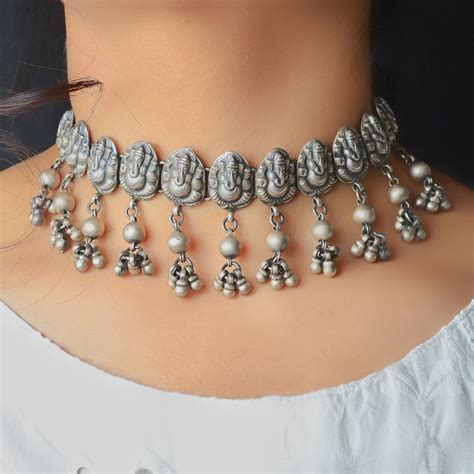 Lord Ganesha Motif Silver Choker | Traditional Design Silver Necklace ...