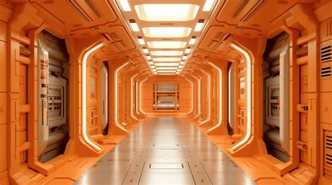 ทางเดินสีส้ม: การเรนเดอร์ 3 มิติของห้องแห่งอนาคตในยานอวกาศ Sci-fi ...