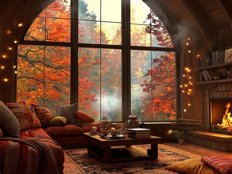 Cozy Autumn Living Room View - Arched Window - Fall Landscape - Digital