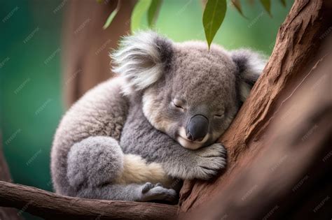 premium ai image cute baby koala bear sleeping  eucalyptus tree
