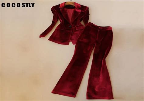 Office Lady Work Pant Suits Sets Women Velvet Blazer Jacket Trousers ...