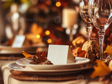 empty place setting decorated  autumn leaves  stock photo