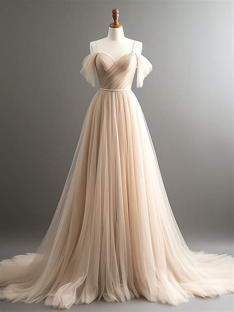 shoulder champagne tulle long prom dress champagne long ev
