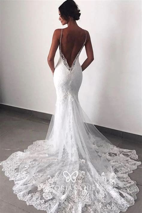 Sexy Low Back Sheer Train Lace Mermaid Wedding Dress - VQ