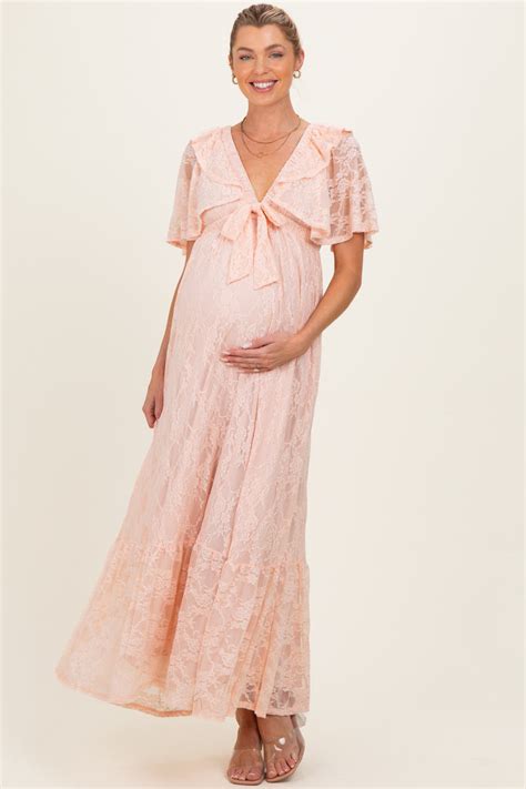 peach lace flutter sleeve tiered maternity maxi dress pinkblush