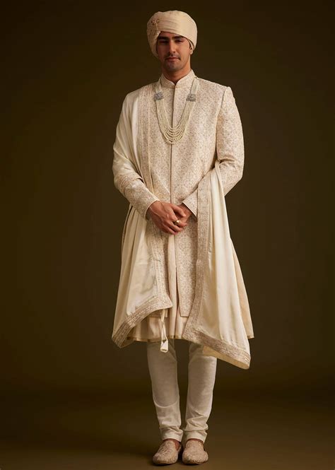 beige resham embroidered sherwani  elegant dupatta kalki fashion india